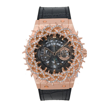 Luxury watch with rose gold case and black leather strap on white background