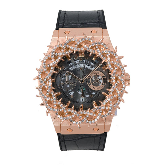 Luxury watch with rose gold case and black leather strap on white background