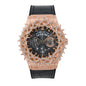 Luxury watch with rose gold case and black leather strap on white background