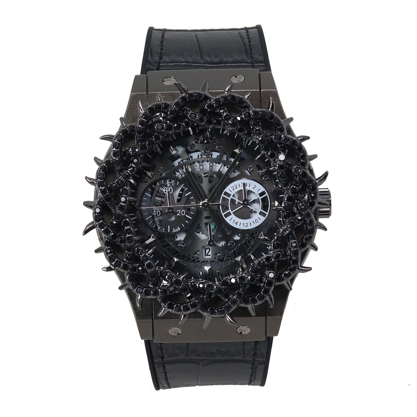 Luxury watch with diamond-studded case and black dial on a white background