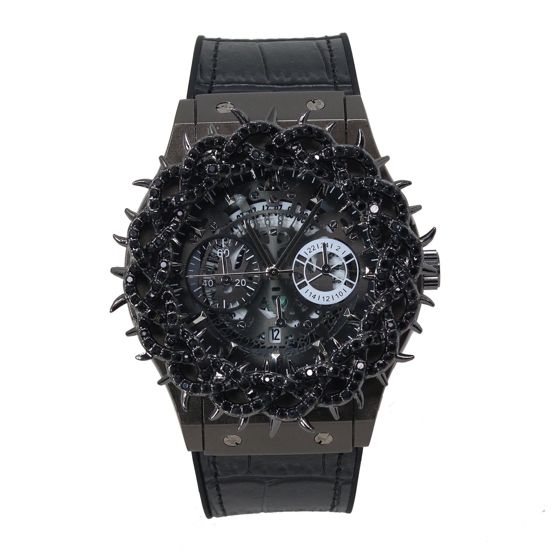 Luxury watch with diamond-studded case and black dial on a white background
