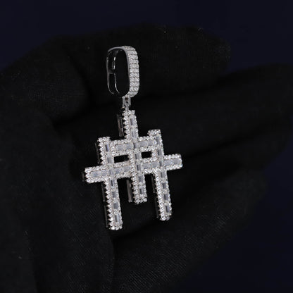 Silver hashtag pendant on a black background