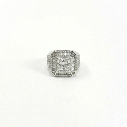 Iced Out 6.37CT Moissanite Princess Cut Baguette Halo Ring in Premium Sterling Silver
