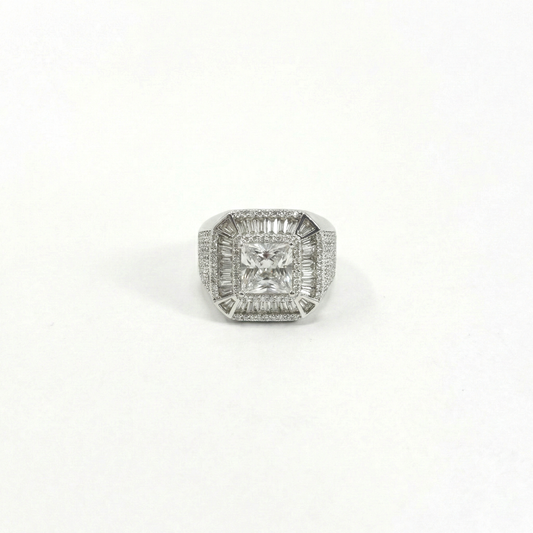 Iced Out 6.37CT Moissanite Princess Cut Baguette Halo Ring in Premium Sterling Silver