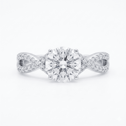 Iced Out 1.38CT Moissanite round solitaire ring with a twisted band in Premium Sterling Silver