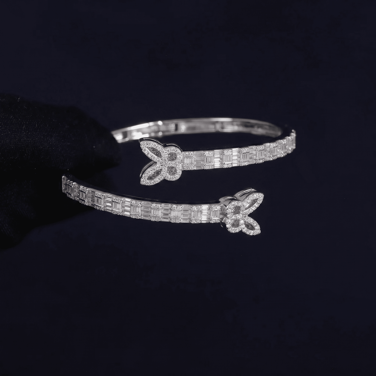Iced Out 4.5CT Moissanite Baguette Butterfly Open Cuff Bangle in Premium Sterling Silver