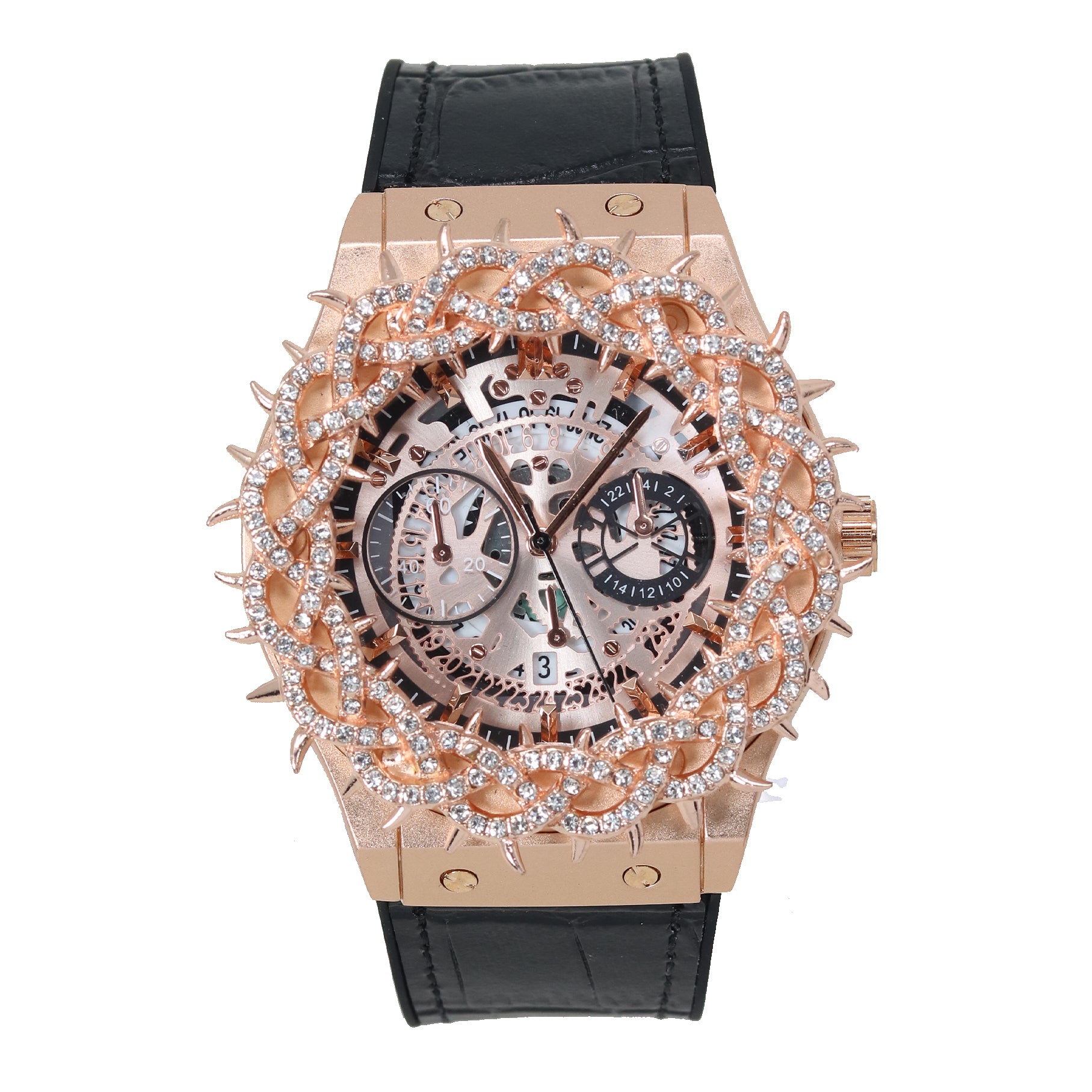 Luxury watch with intricate design and rose gold casing on a white background