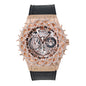 Luxury watch with intricate design and rose gold casing on a white background