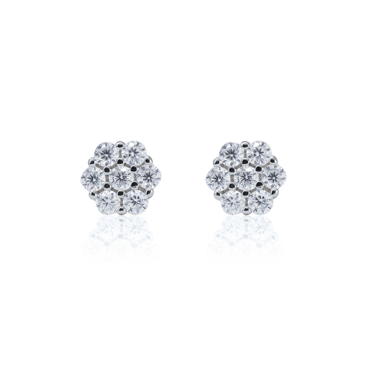 5mm flower moissanite cluster earrings in sterling silver with 0.32ct diamond sparkle.