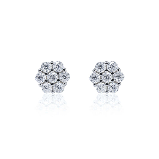 5mm flower moissanite cluster earrings in sterling silver with 0.32ct diamond sparkle.