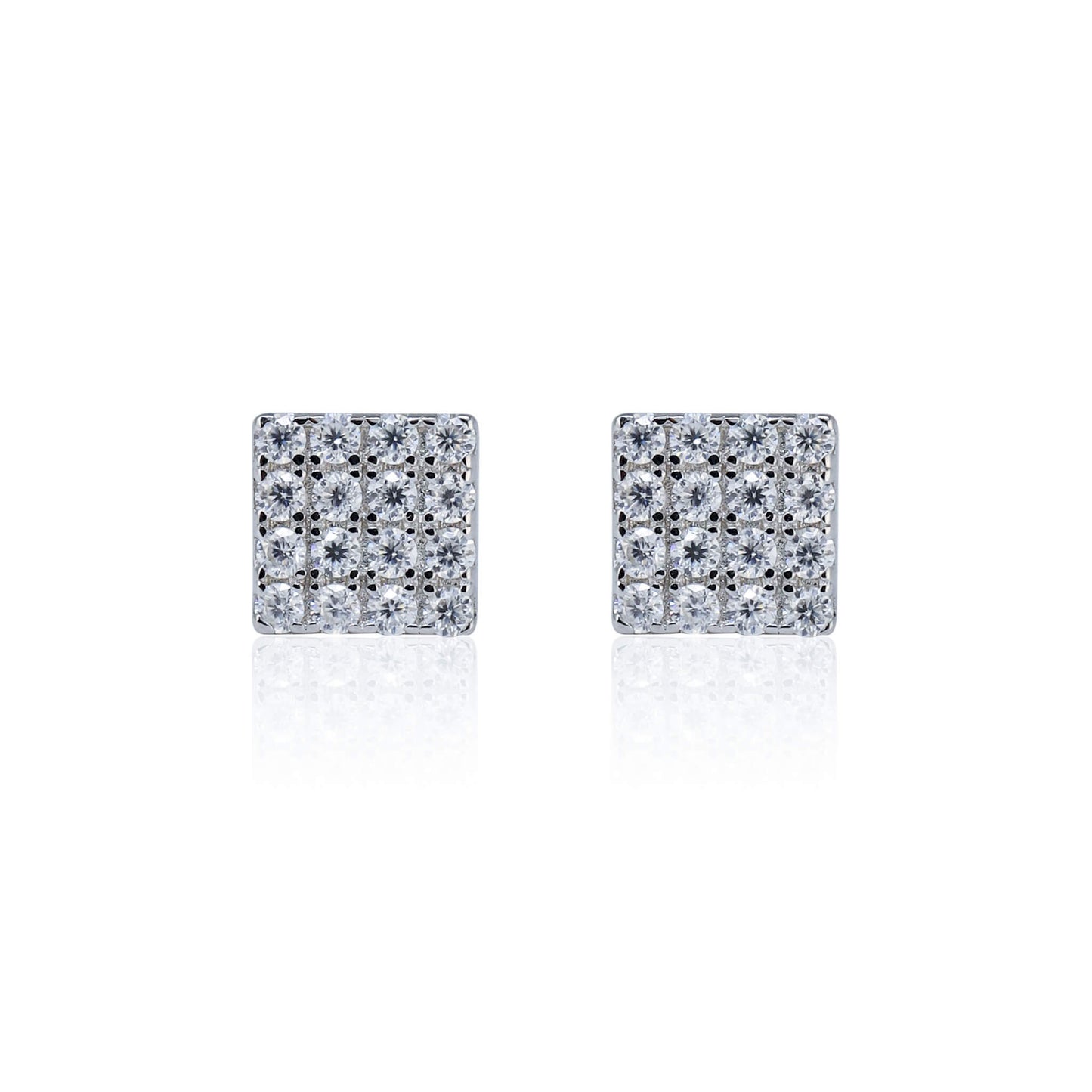 5mm square Moissanite cluster earrings with 0.15ct diamond studs in polished sterling silver.