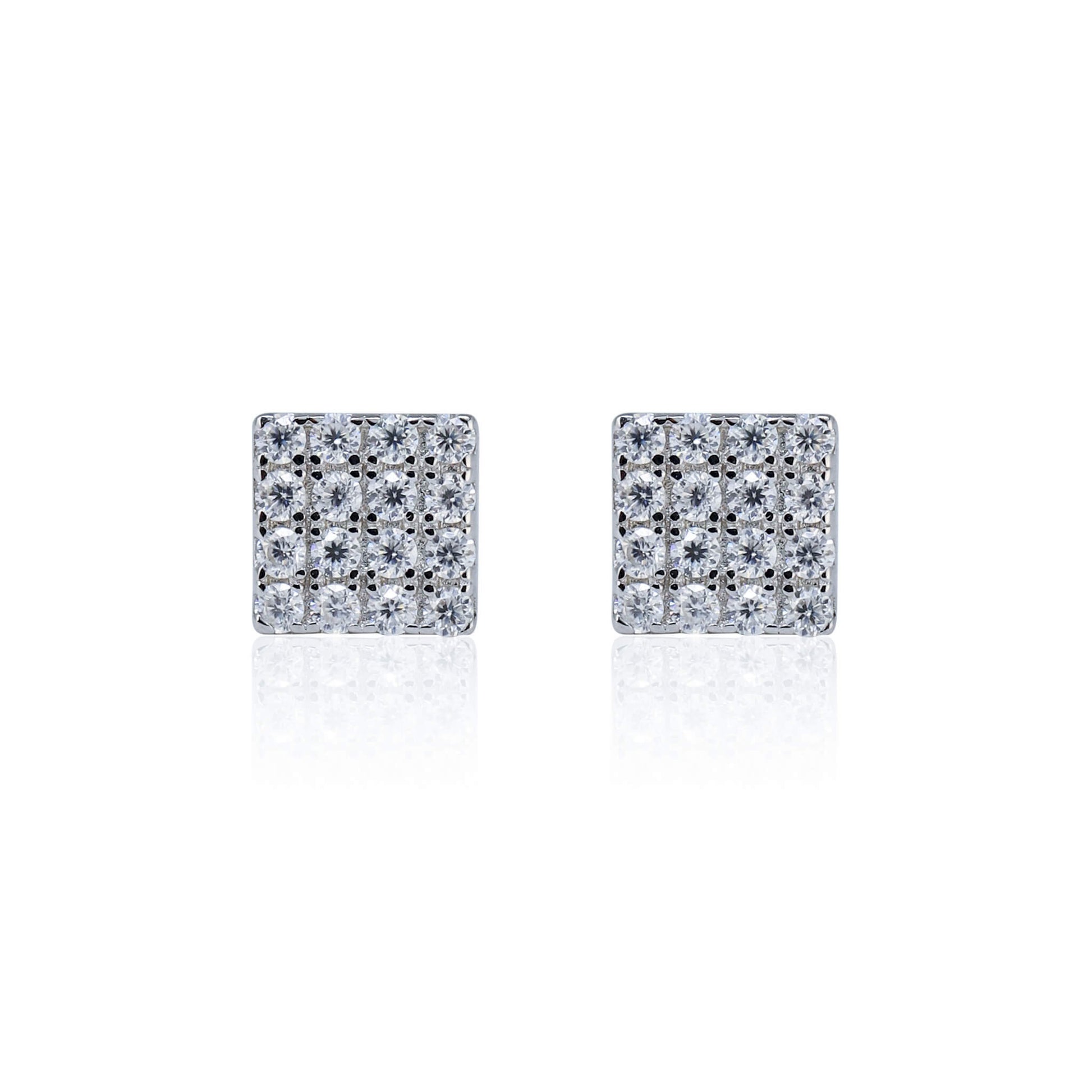 5mm square Moissanite cluster earrings with 0.15ct diamond studs in polished sterling silver.
