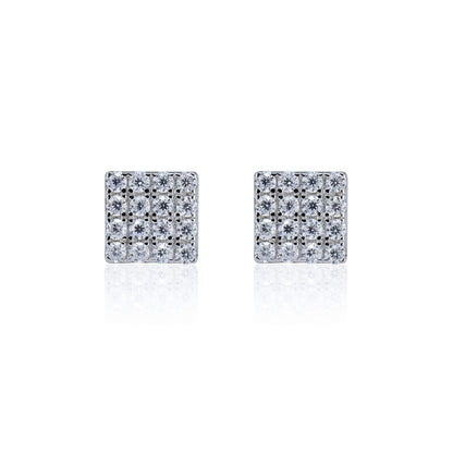 5mm square Moissanite cluster earrings with 0.15ct diamond studs in polished sterling silver.