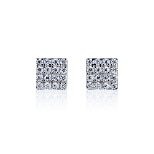 5mm square Moissanite cluster earrings with 0.15ct diamond studs in polished sterling silver.