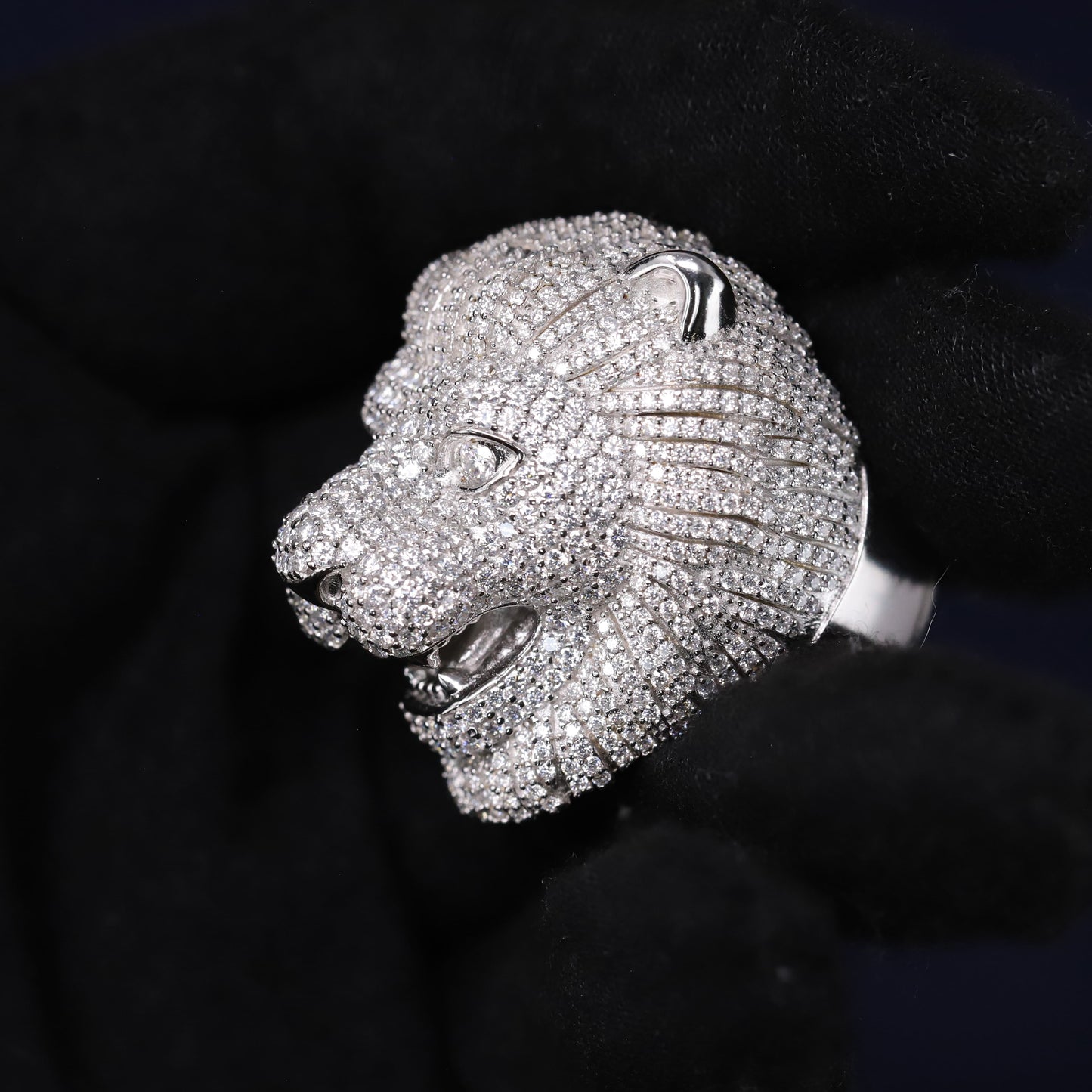 Silver lion head ring with gemstones on a dark background