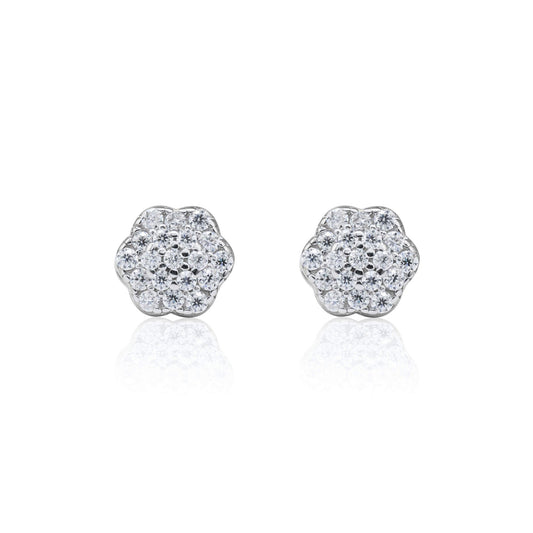 Sterling silver 6mm floral moissanite cluster earrings with round diamond-style sparkle.