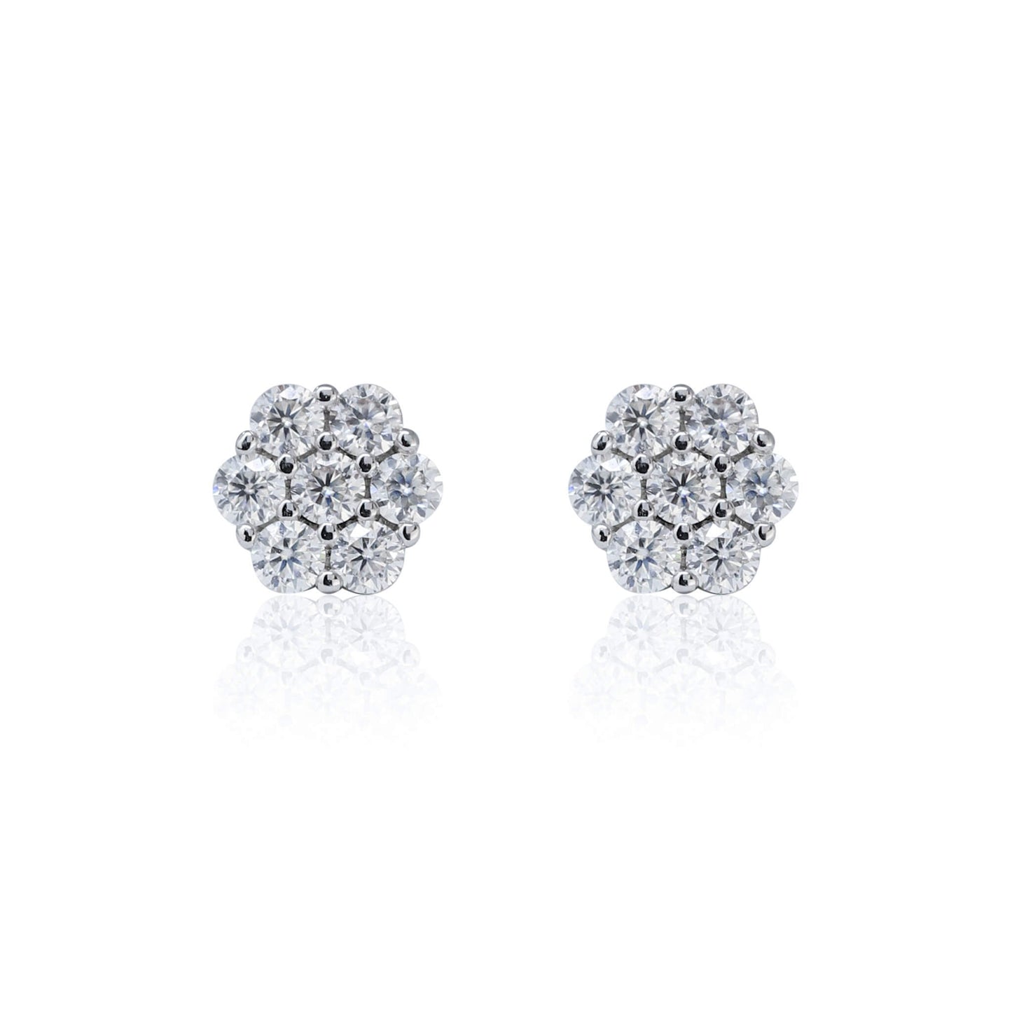 6mm Moissanite cluster earrings with 0.53ct diamond studs in polished sterling silver, front view.