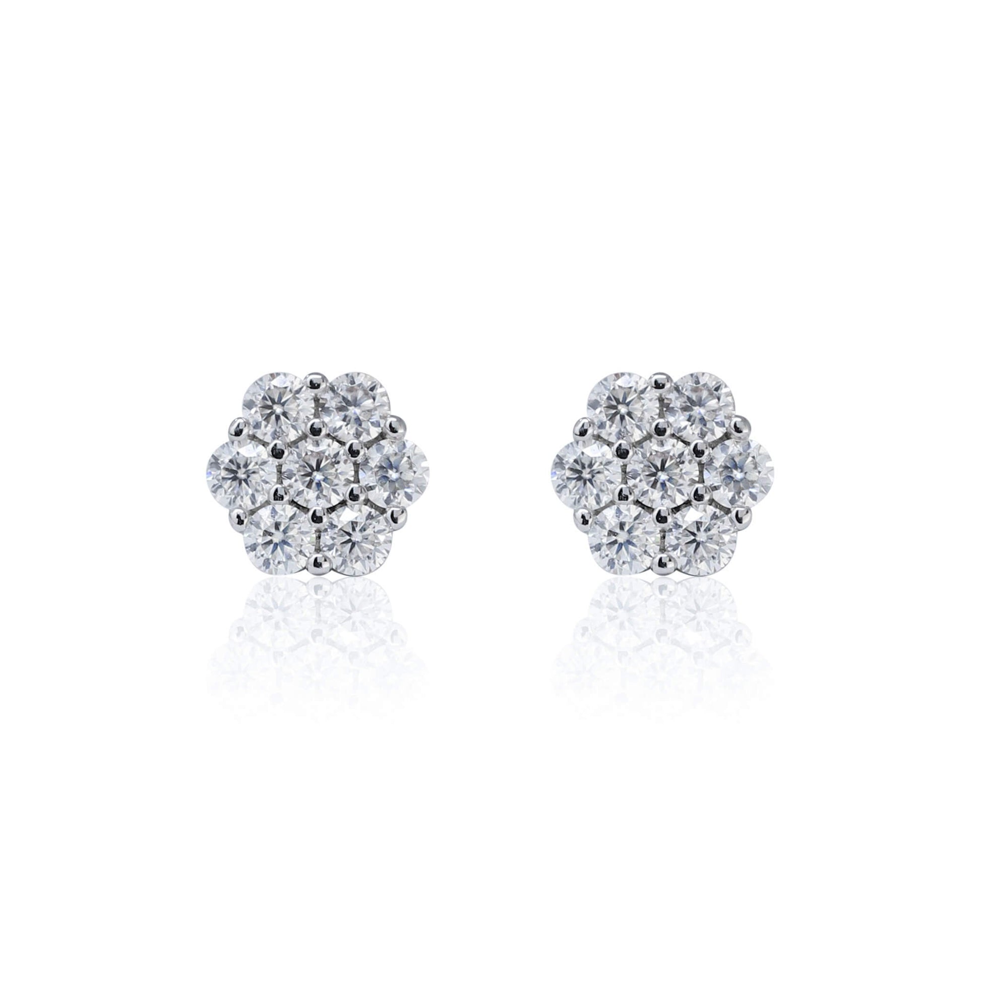 6mm Moissanite cluster earrings with 0.53ct diamond studs in polished sterling silver, front view.