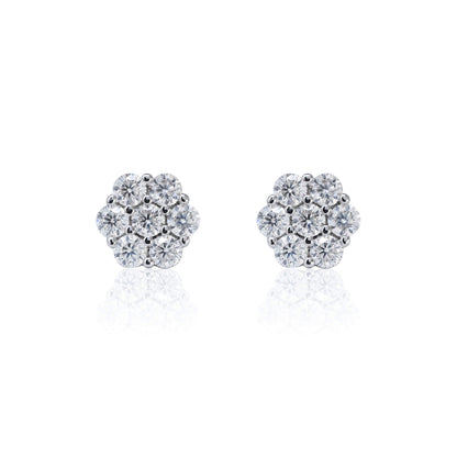 6mm Moissanite cluster earrings with 0.53ct diamond studs in polished sterling silver, front view.