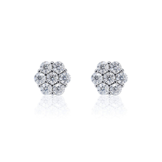 6mm Moissanite cluster earrings with 0.53ct diamond studs in polished sterling silver, front view.