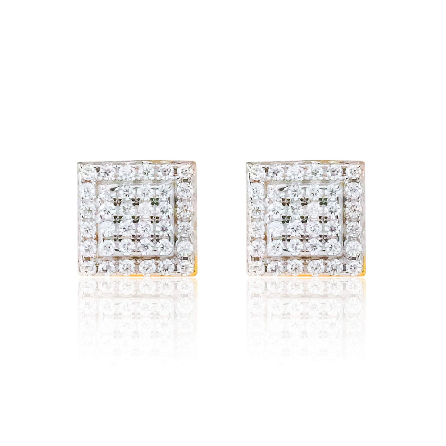 6mm moissanite cluster square earrings with double halo design in sterling silver, reflective studio view.