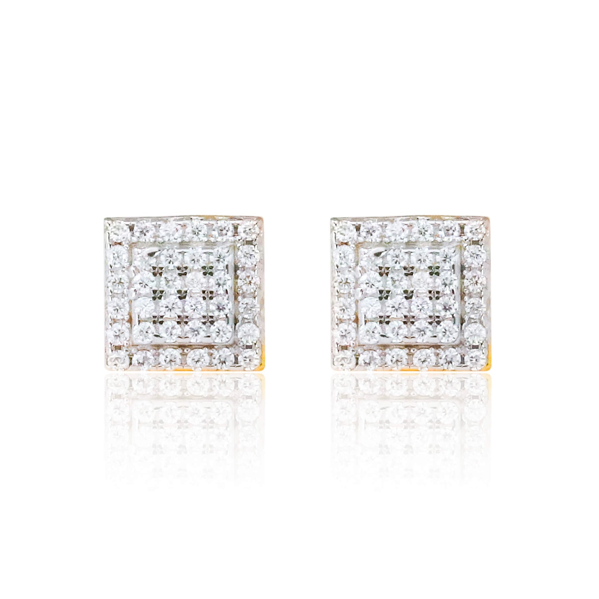 6mm moissanite cluster square earrings with double halo design in sterling silver, reflective studio view.