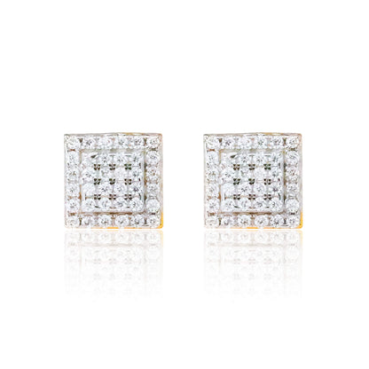 6mm moissanite cluster square earrings with double halo design in sterling silver, reflective studio view.