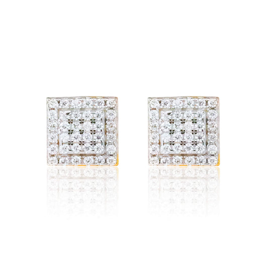 6mm moissanite cluster square earrings with double halo design in sterling silver, reflective studio view.