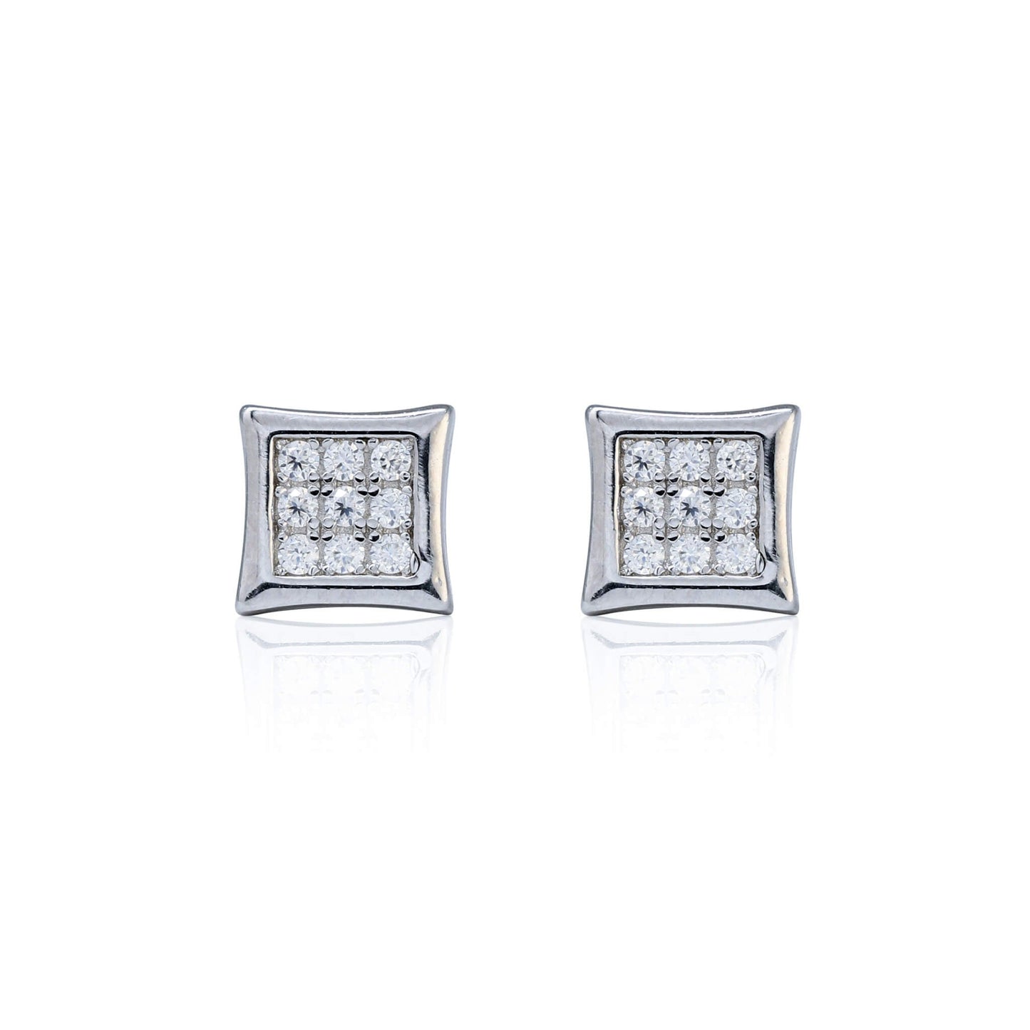 6mm square moissanite cluster earrings in sterling silver with pavé diamond studs front view.