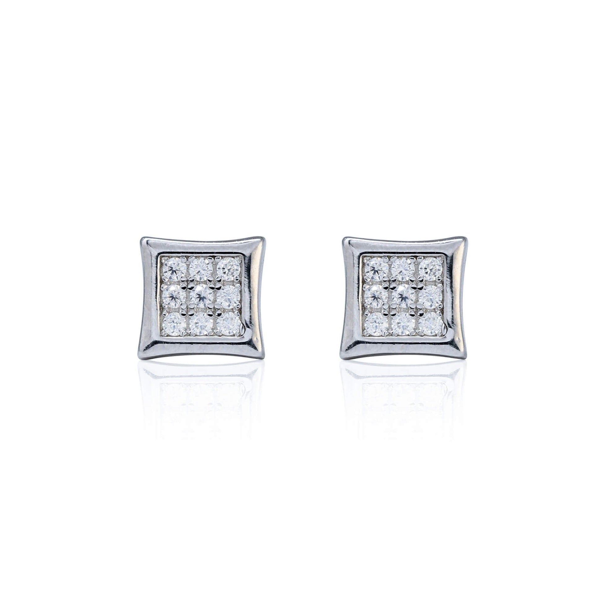 6mm square moissanite cluster earrings in sterling silver with pavé diamond studs front view.