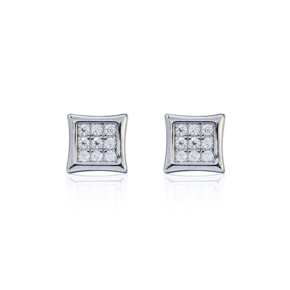 6mm square moissanite cluster earrings in sterling silver with pavé diamond studs front view.