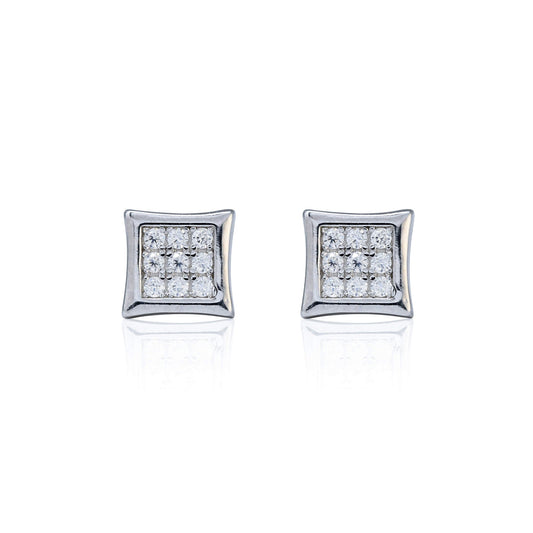 6mm square moissanite cluster earrings in sterling silver with pavé diamond studs front view.