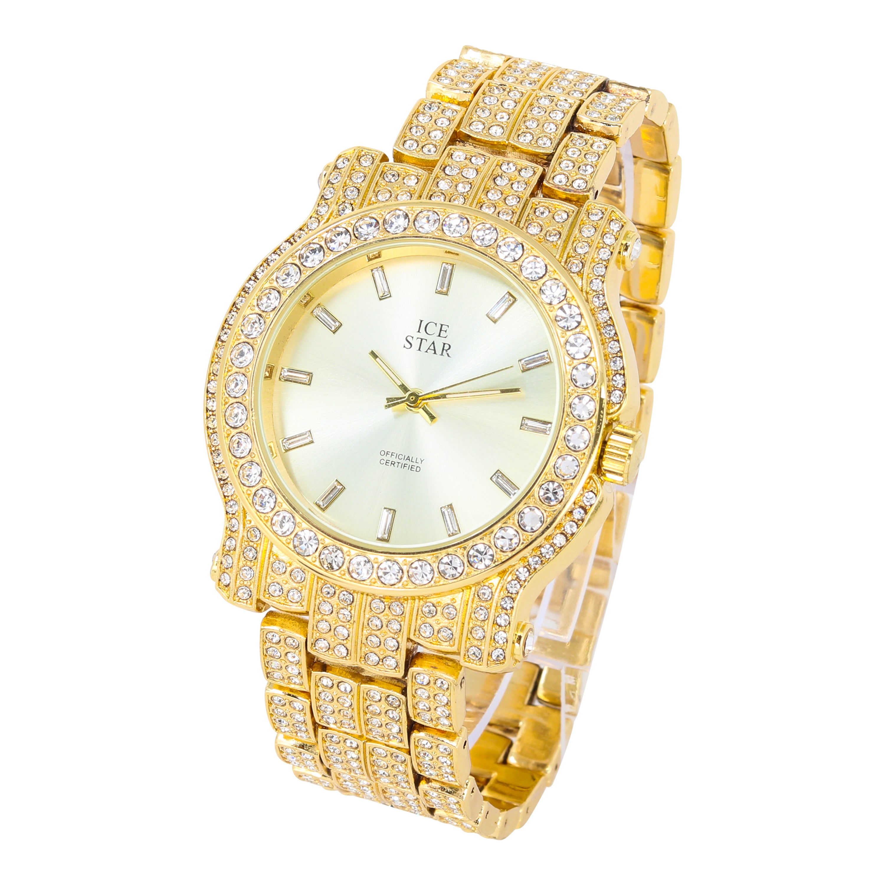 Women's Round Iced Out Watch 45mm Gold - Baguette Dial