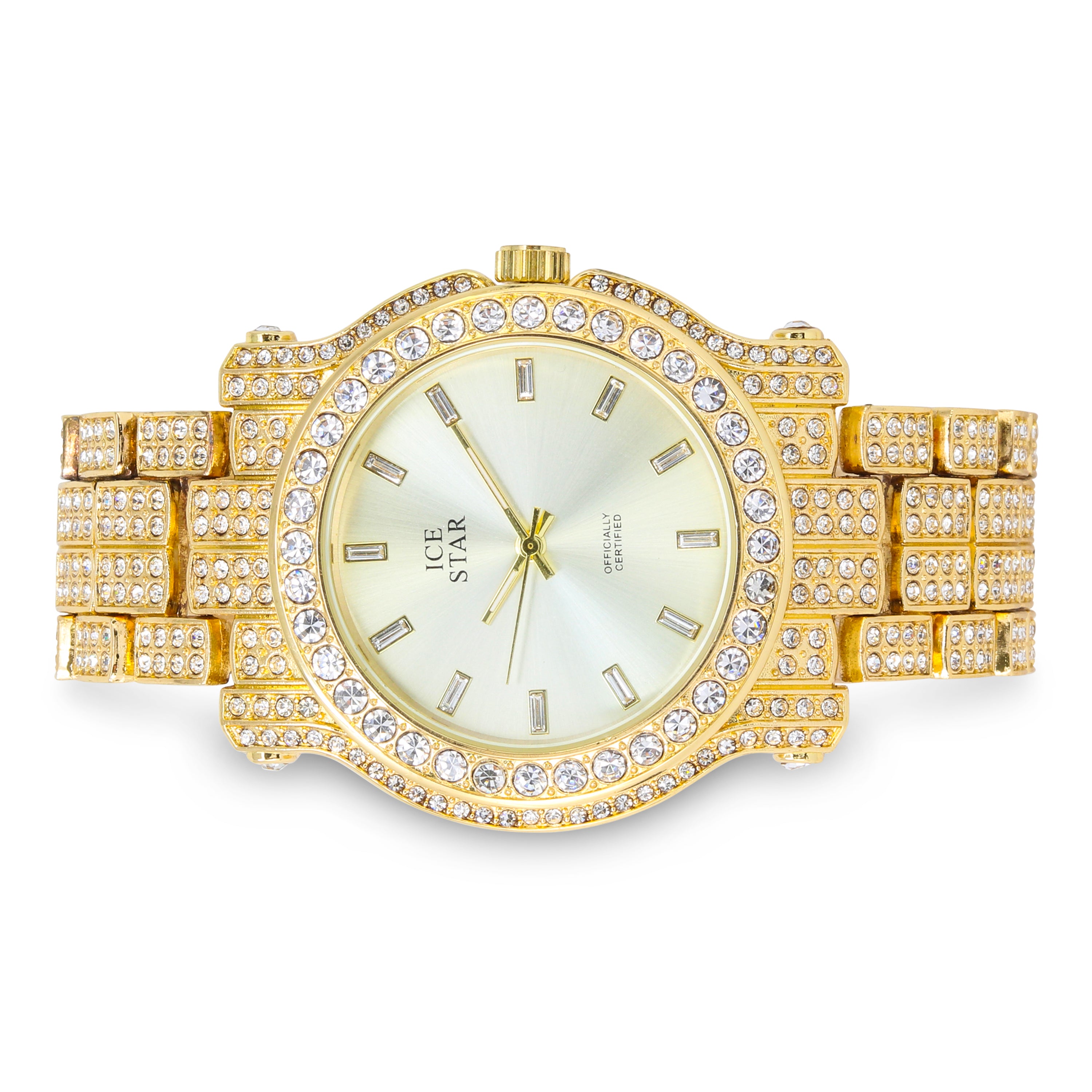 Women's Round Iced Out Watch 45mm Gold - Baguette Dial