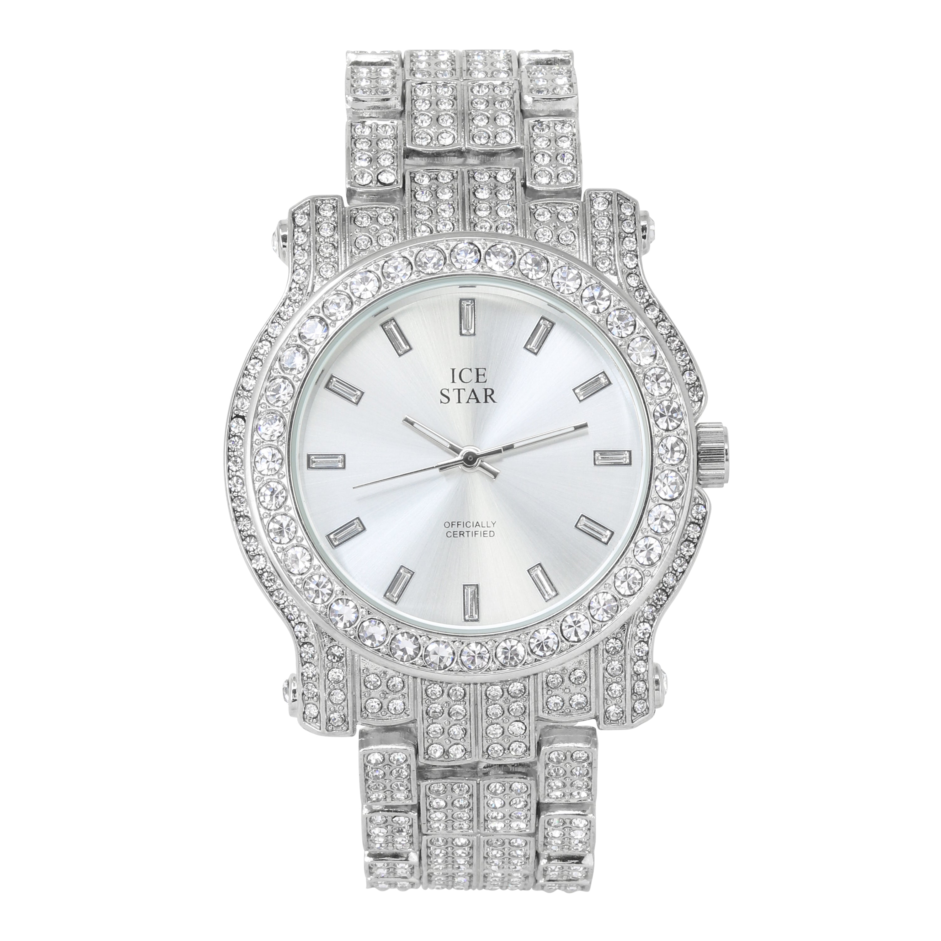 Women's Round Iced Out Watch 45mm Silver - Baguette Dial