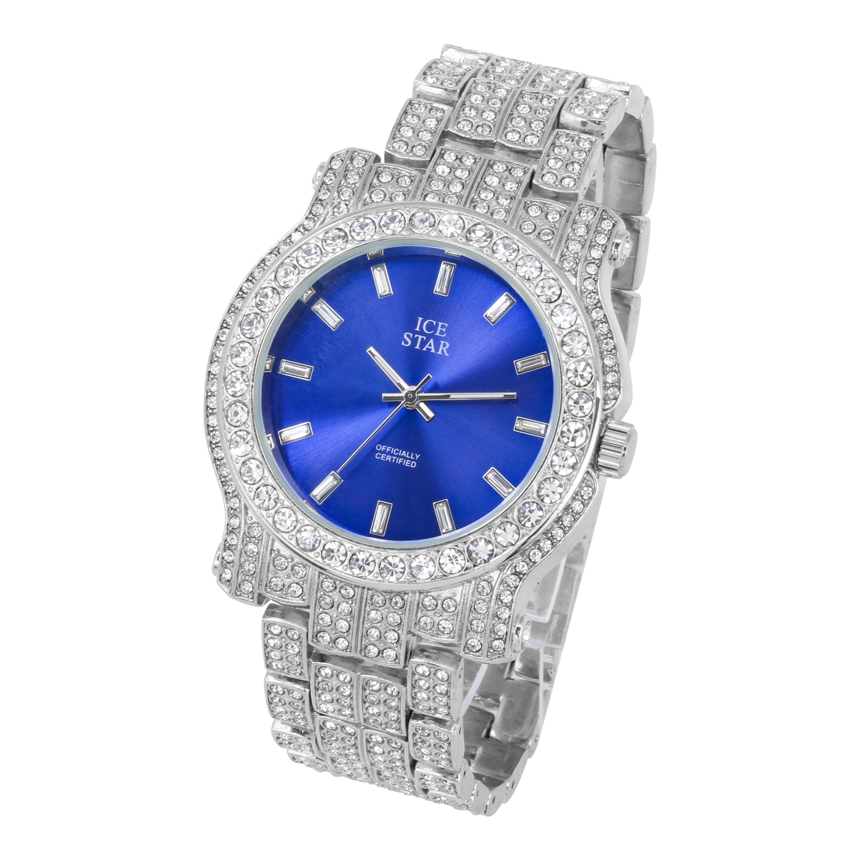 Men's Round Iced Out Watch 45mm Silver - Baguette Dial