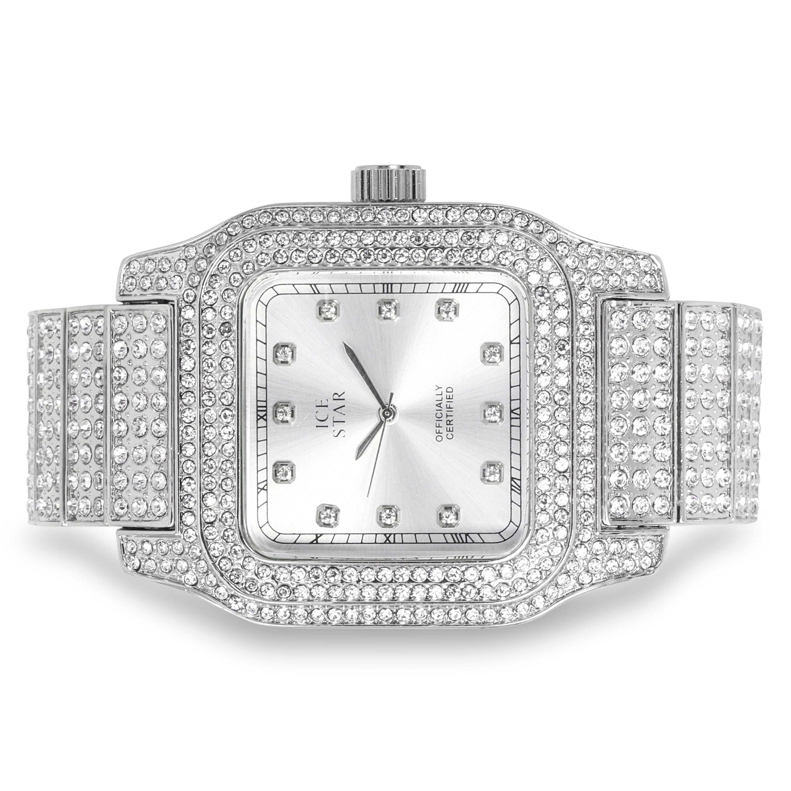 Men's Square Dial Watch 45mm Silver - "Fully Iced Band"