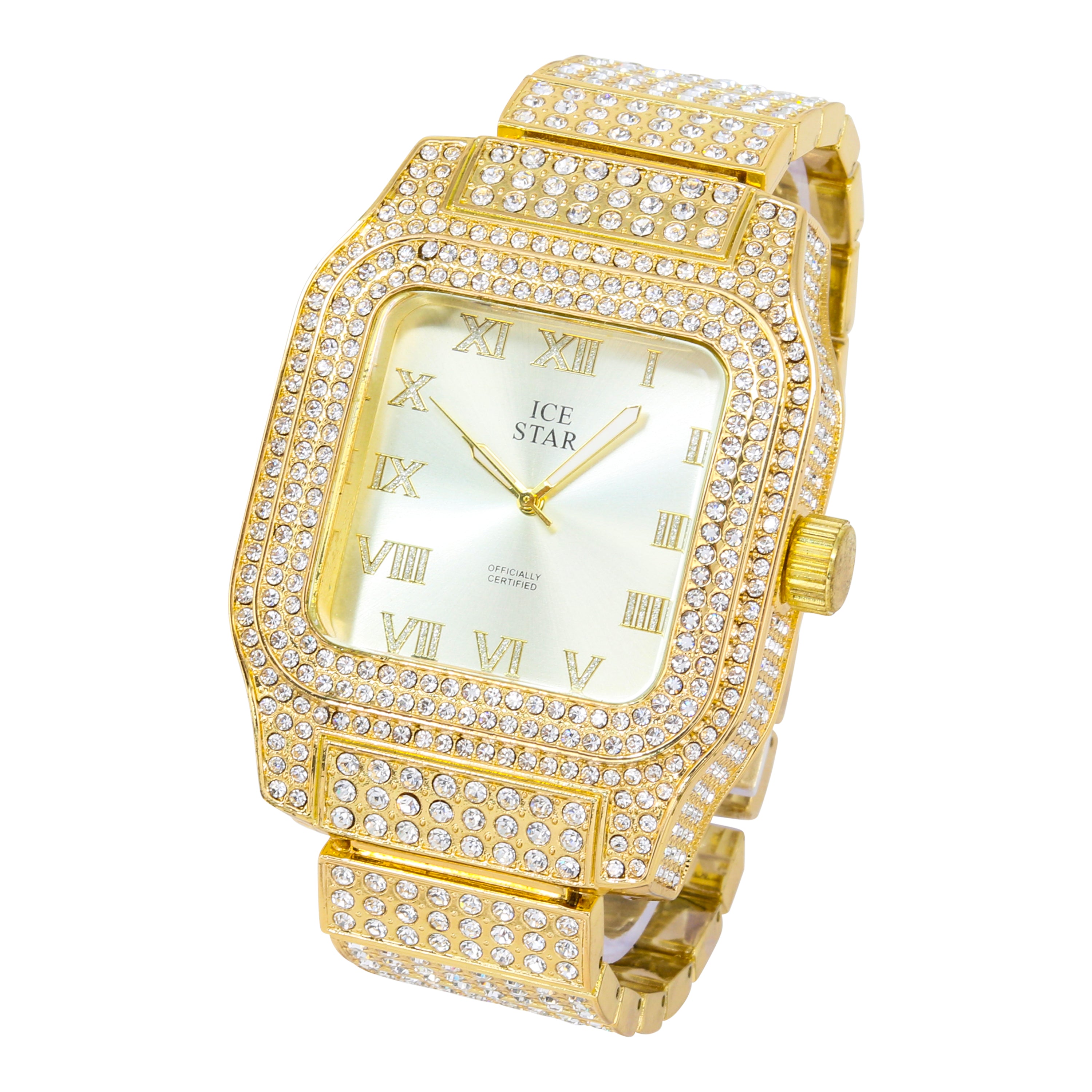 Men's Square Dial Watch 45mm Gold - "Fully Iced Band"