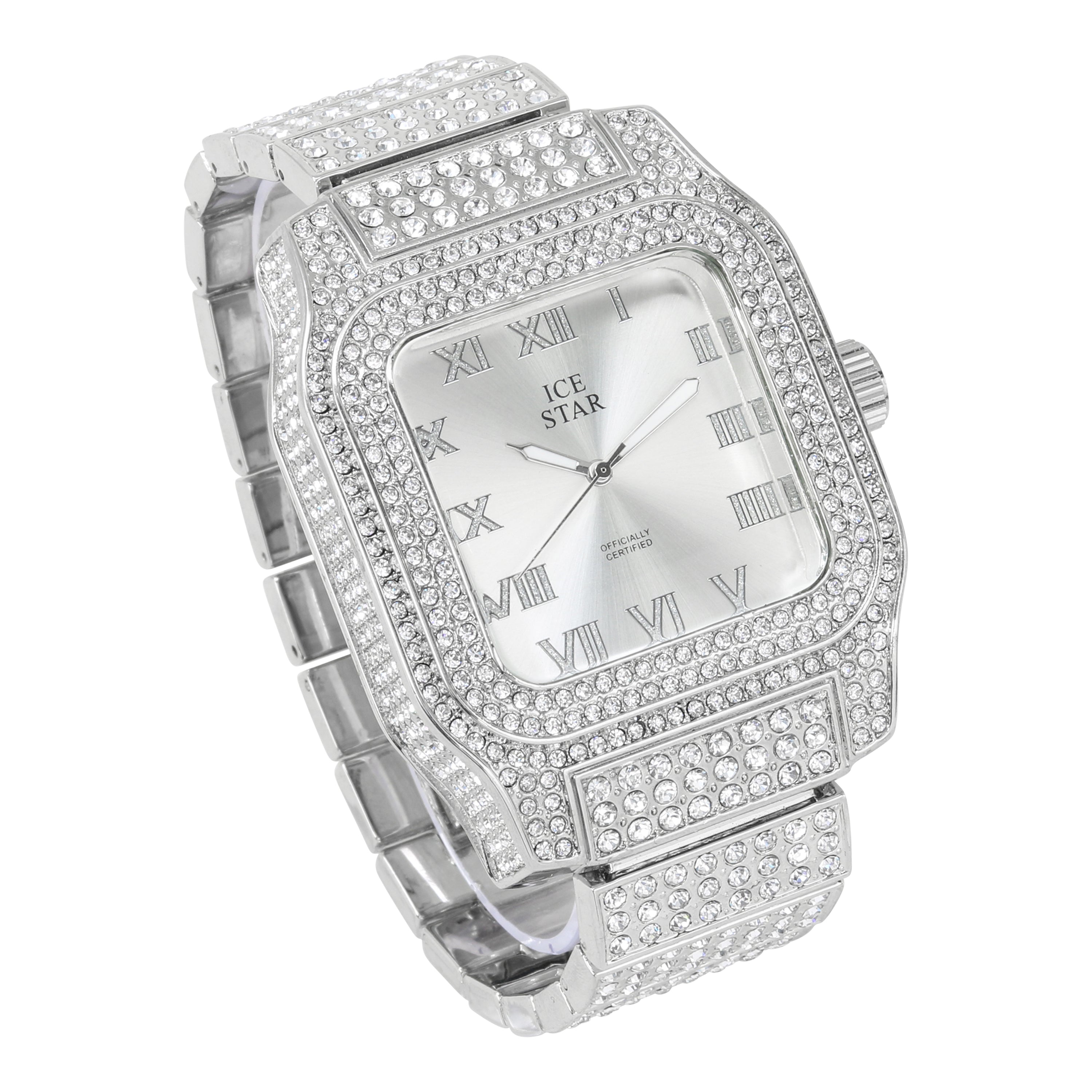 Men's Square Dial Watch 45mm Silver - "Fully Iced Band"