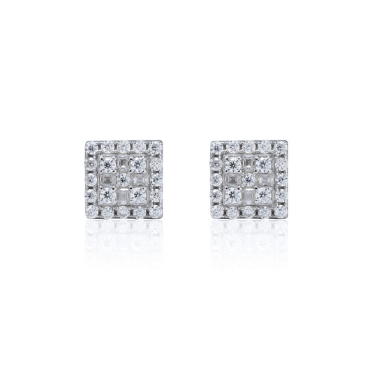 7mm moissanite cluster earrings with 0.37ct diamond studs in sterling silver square design.