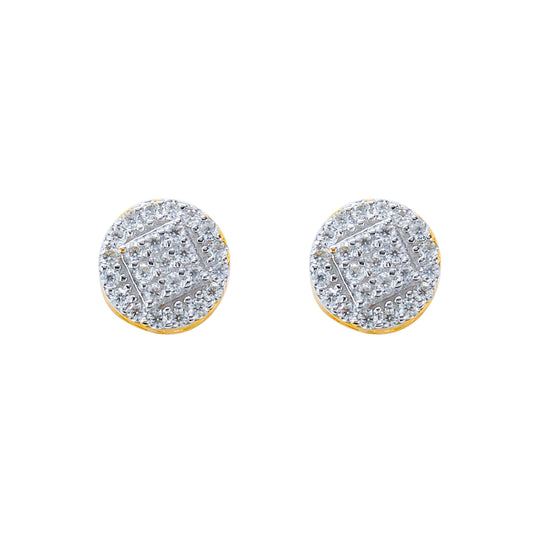 7mm moissanite cluster earrings with round gold base and pavé diamond design in sterling silver.
