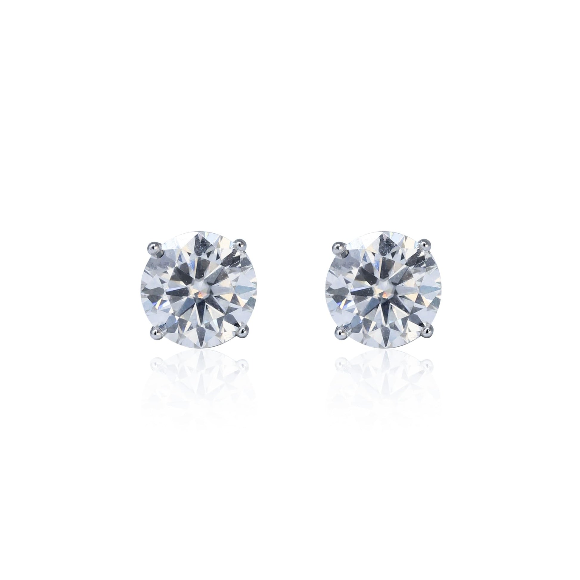 7mm Moissanite solitaire earrings in sterling silver with round 2.4ct studs, front view.