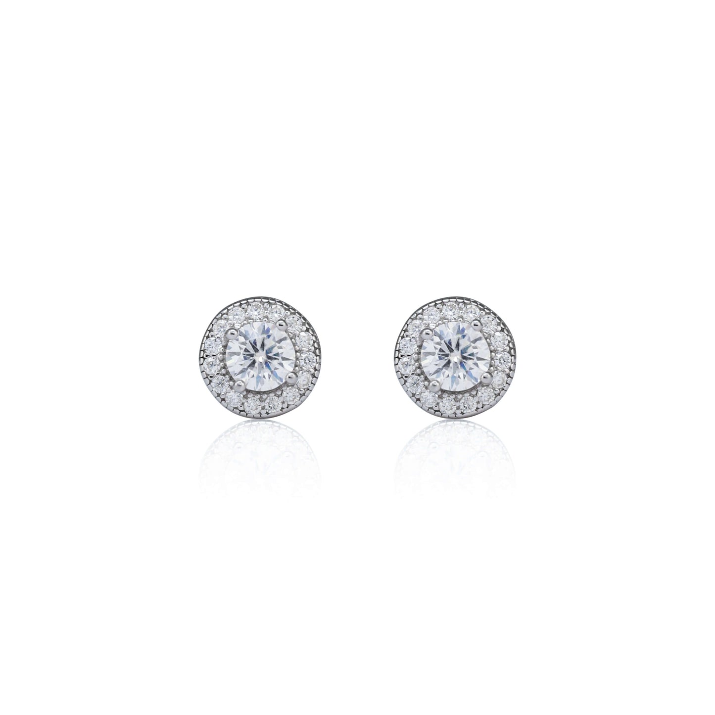 7mm round moissanite cluster earrings in silver with 0.82ct diamond halo studs.