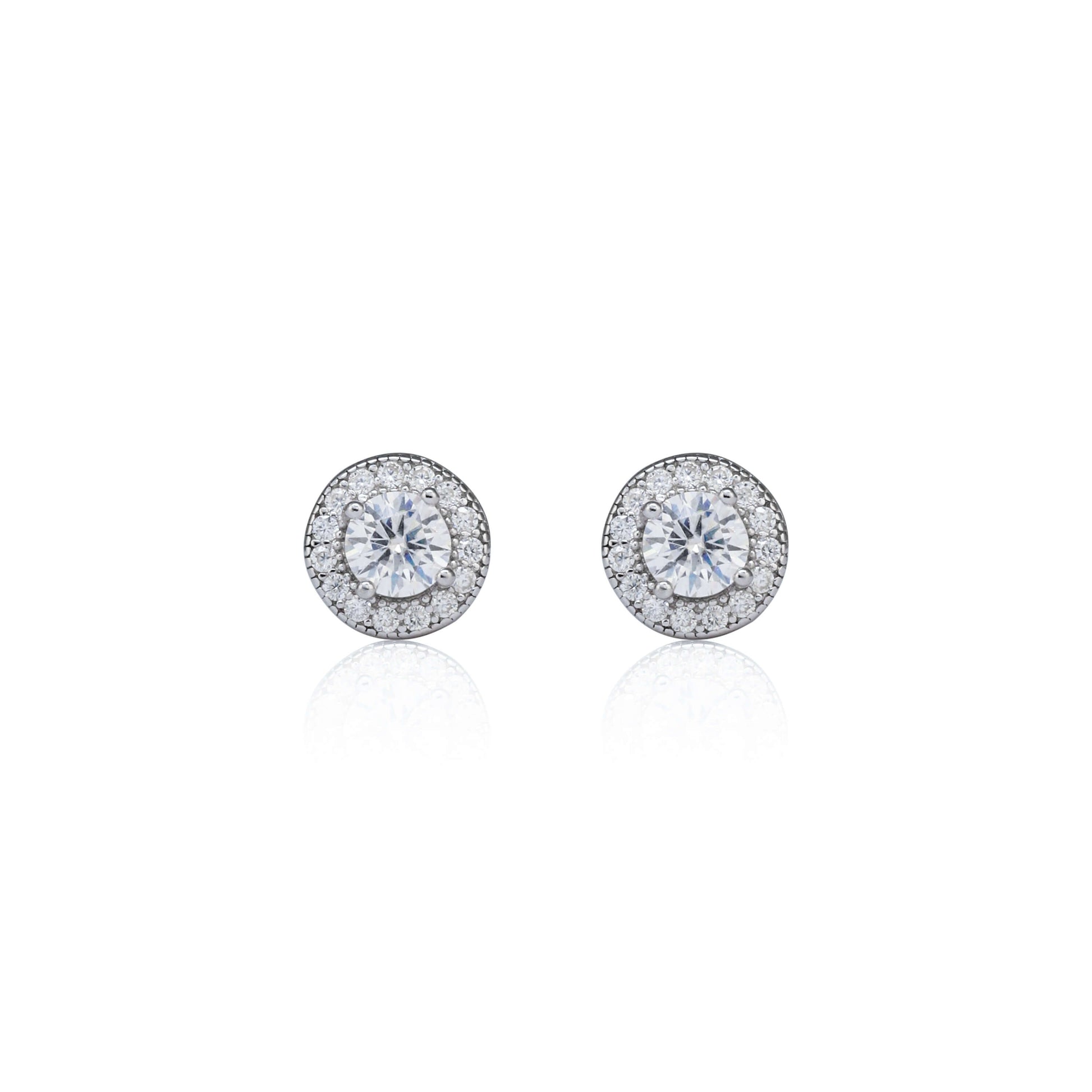 7mm round moissanite cluster earrings in silver with 0.82ct diamond halo studs.