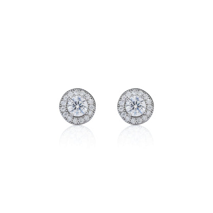 7mm round moissanite cluster earrings in silver with 0.82ct diamond halo studs.