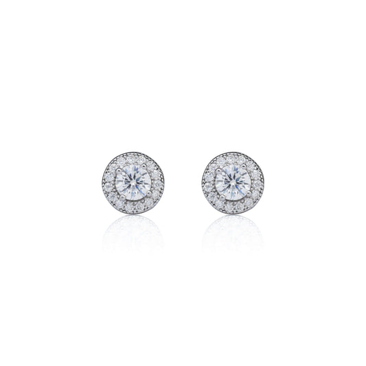7mm round moissanite cluster earrings in silver with 0.82ct diamond halo studs.