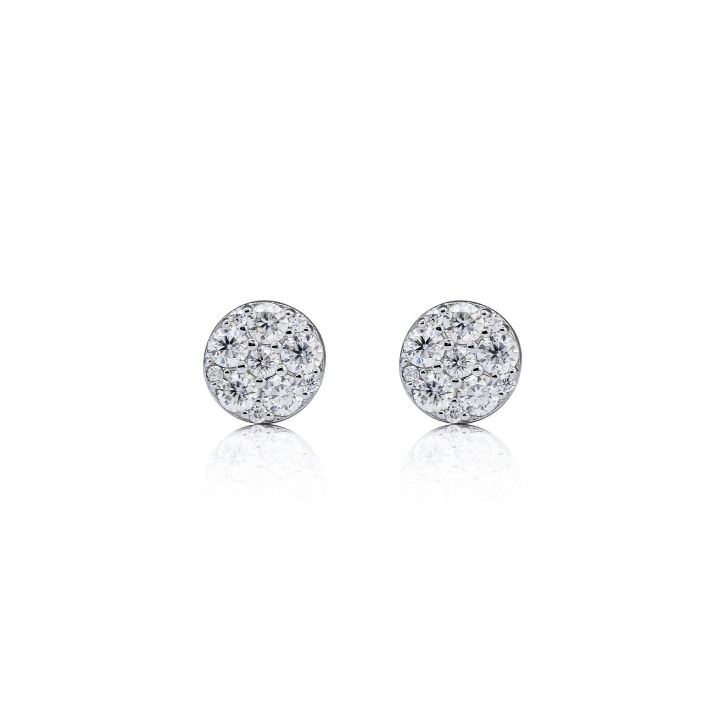 7mm round moissanite cluster earrings with 0.58ct diamonds in sterling silver on white background.
