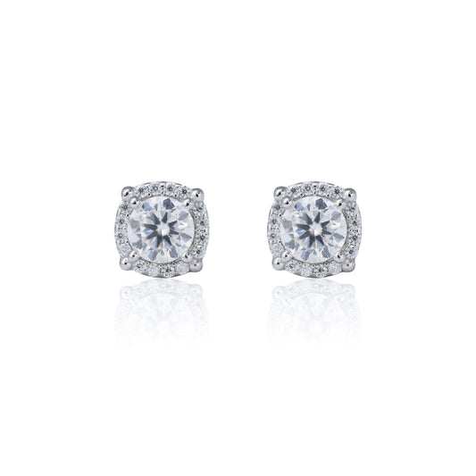 Front view of 7mm round moissanite cluster earrings with 1.32ct diamonds set in sterling silver.