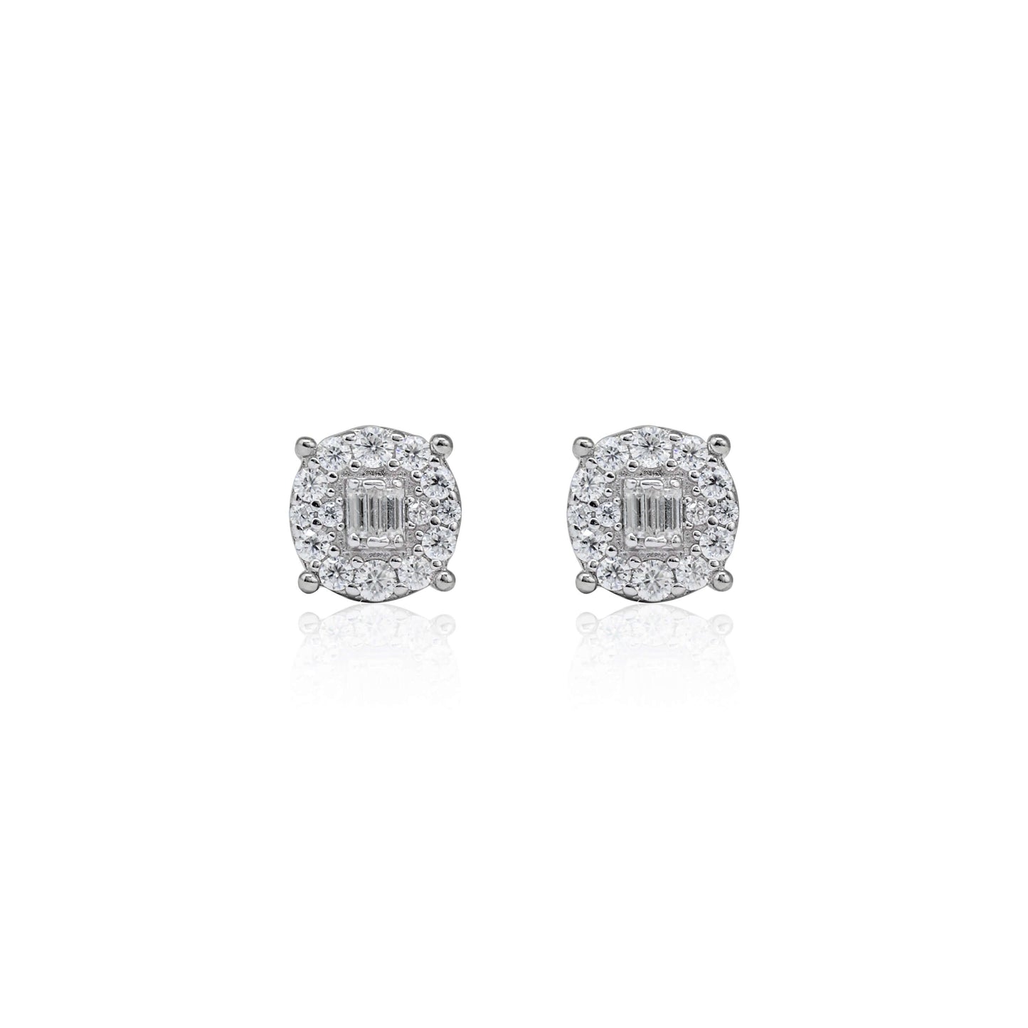 Round 7mm moissanite cluster earrings with halo diamonds in sterling silver, reflective view.