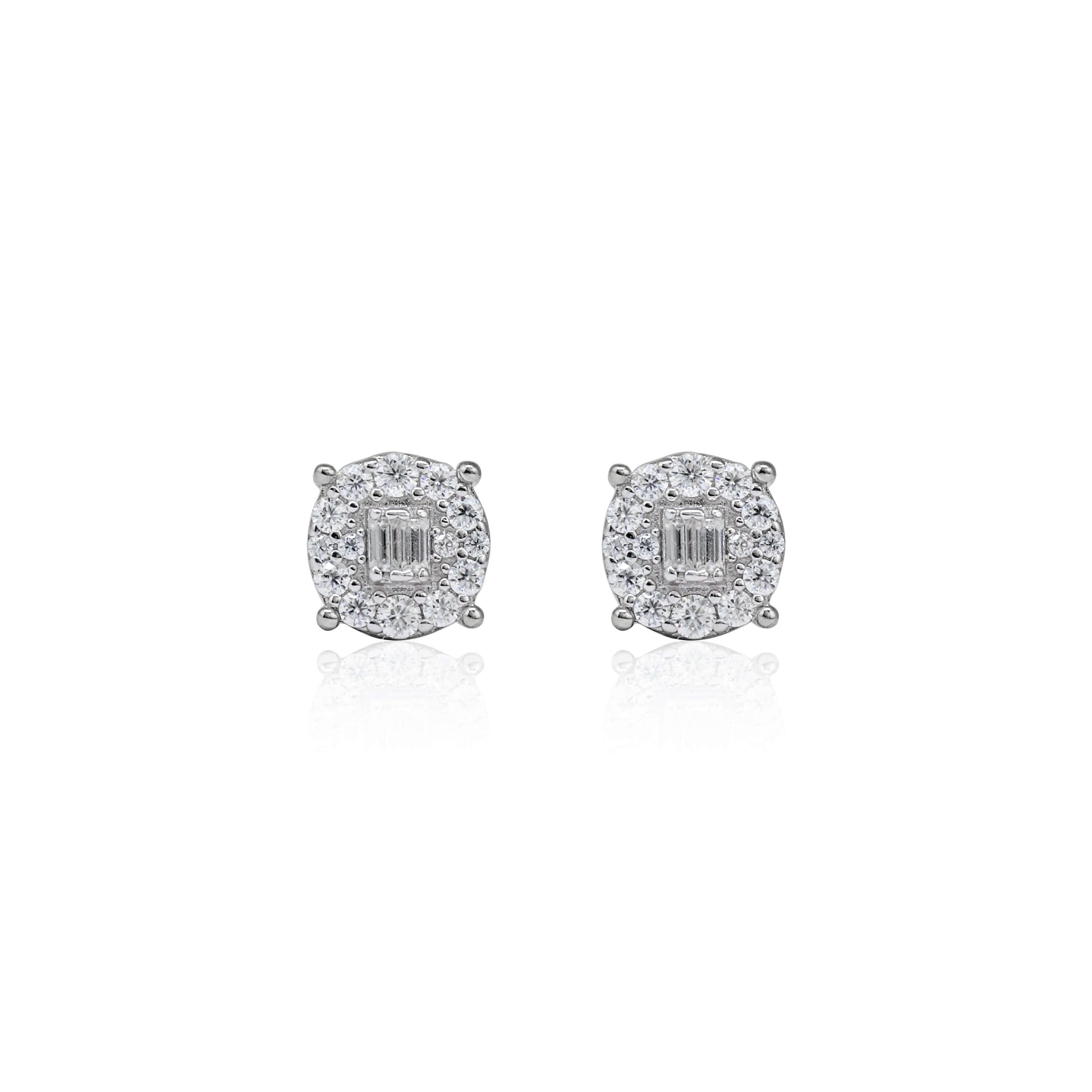 Round 7mm moissanite cluster earrings with halo diamonds in sterling silver, reflective view.